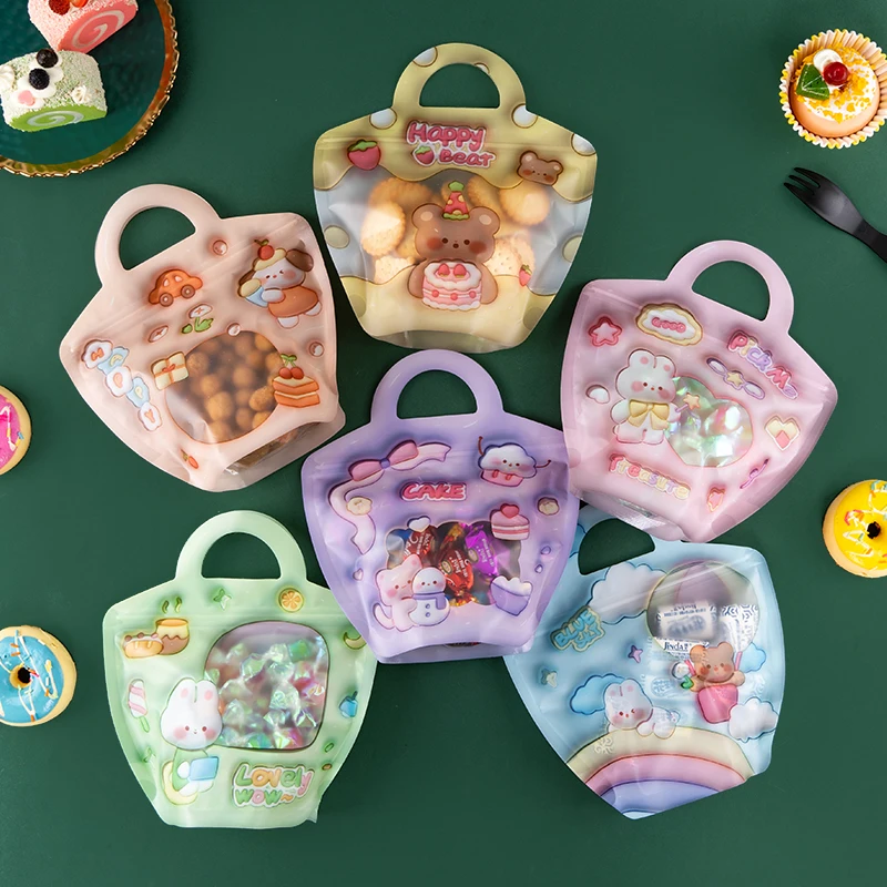 

LBSISI Life 50pcs Cute Handle Plastic Zipper Bags For Candy Chocolate Cookie Nougat Biscuit Packing Gift Bags For Children Day