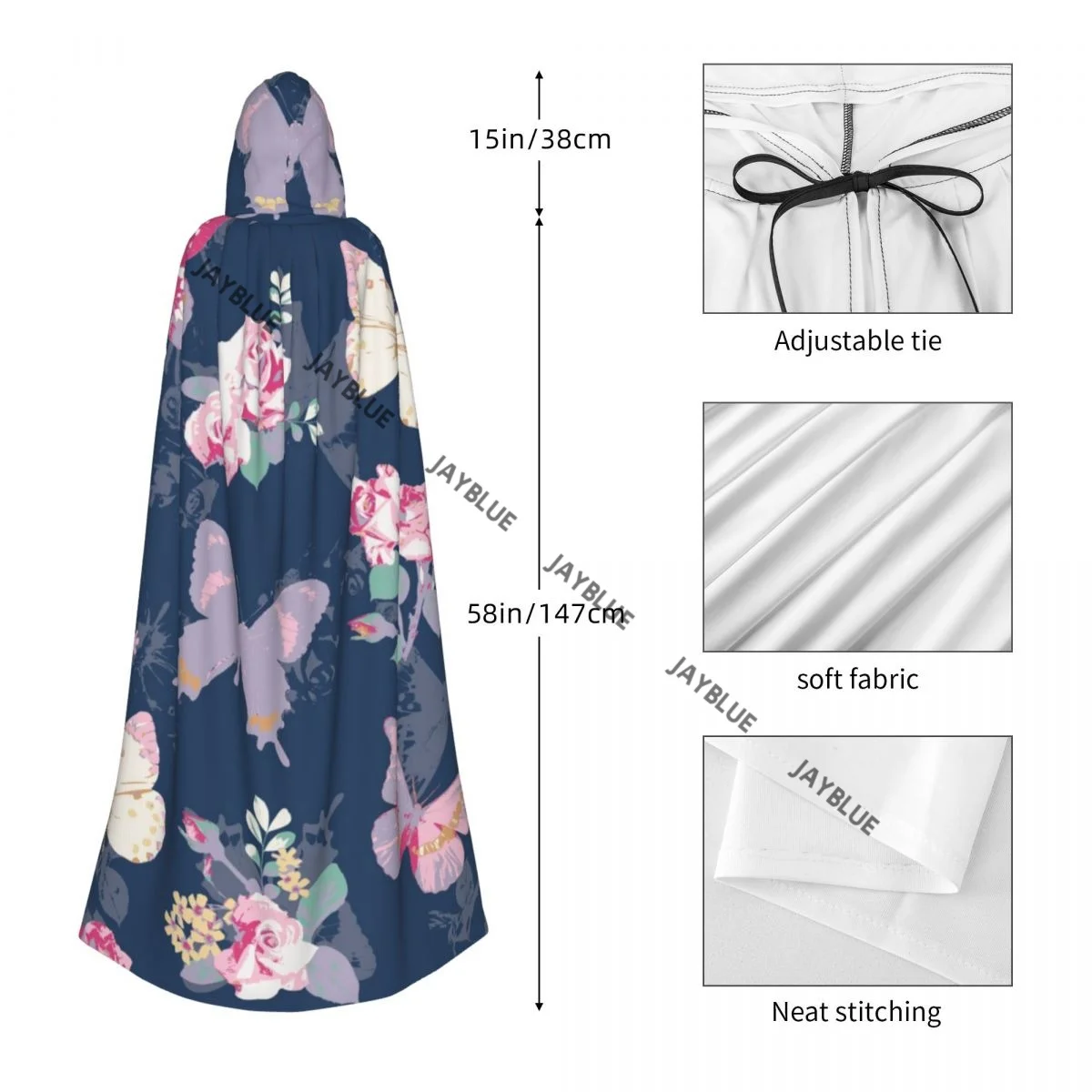 Плащ для взрослых накидка с капюшоном роза бабочкой на темно-синем фоне