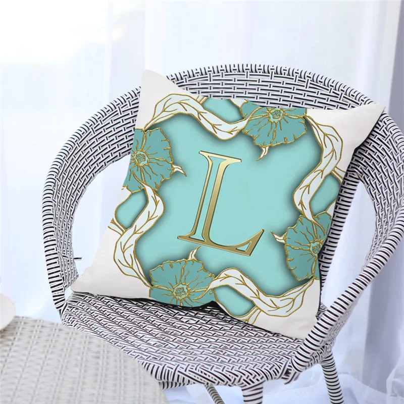 

Fuwatacchi Gold Alphabet Pillow Cover In A Turquoise Wreath Pillow Cover for Home Sofa Decoration Green Throw Pillowcase 45x45cm