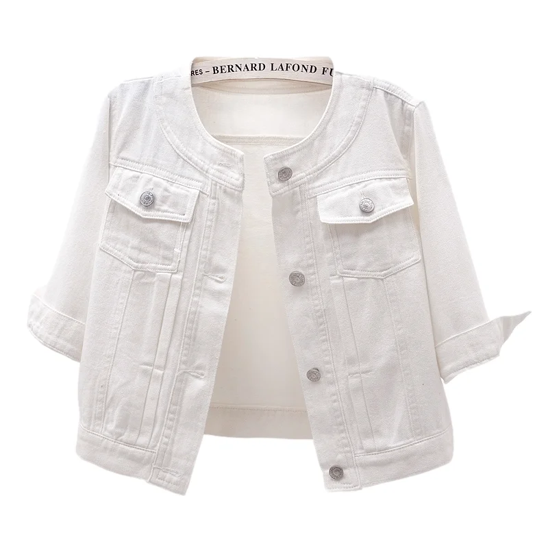 

Korean White Slim Short Denim Jacket Coat Women Big Pocket Cowboy Outerwear Harajuku O Neck Half Sleeve Thin Jeans Jacket Female