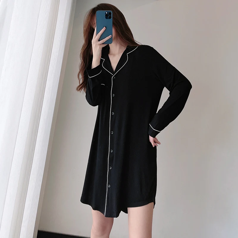 Sexy Nightdress, Pajamas, Modal Shirt-Style Long-Sleeved Cotton Plus Size Loungewear For Outer-Wear