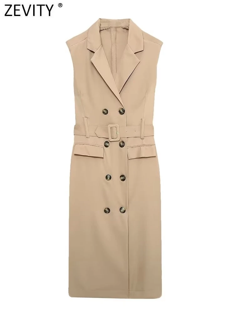 

Zevity женское винтажное платье средней длины с отложным воротником, двубортное женское шикарное БЕЗРУКАВНОЕ платье DS2862