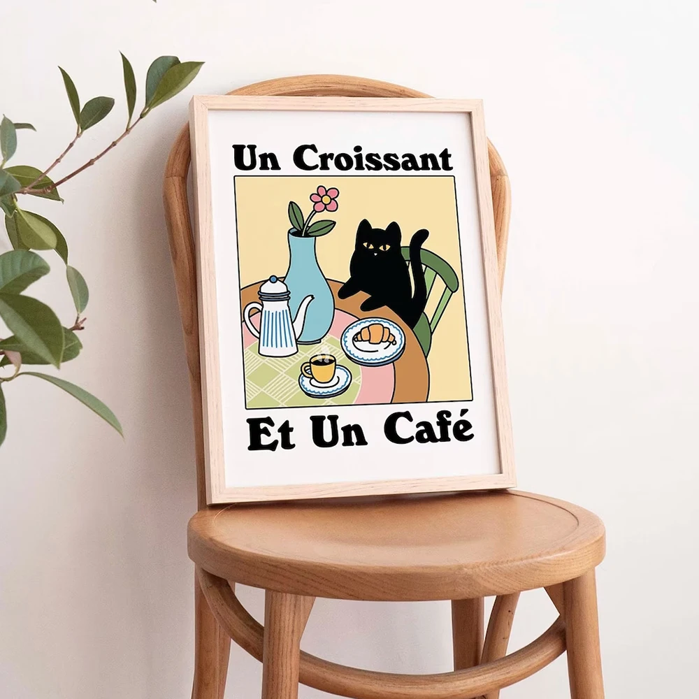 Ретро напиток французское кафе круассан кошка бистро кофе настенные