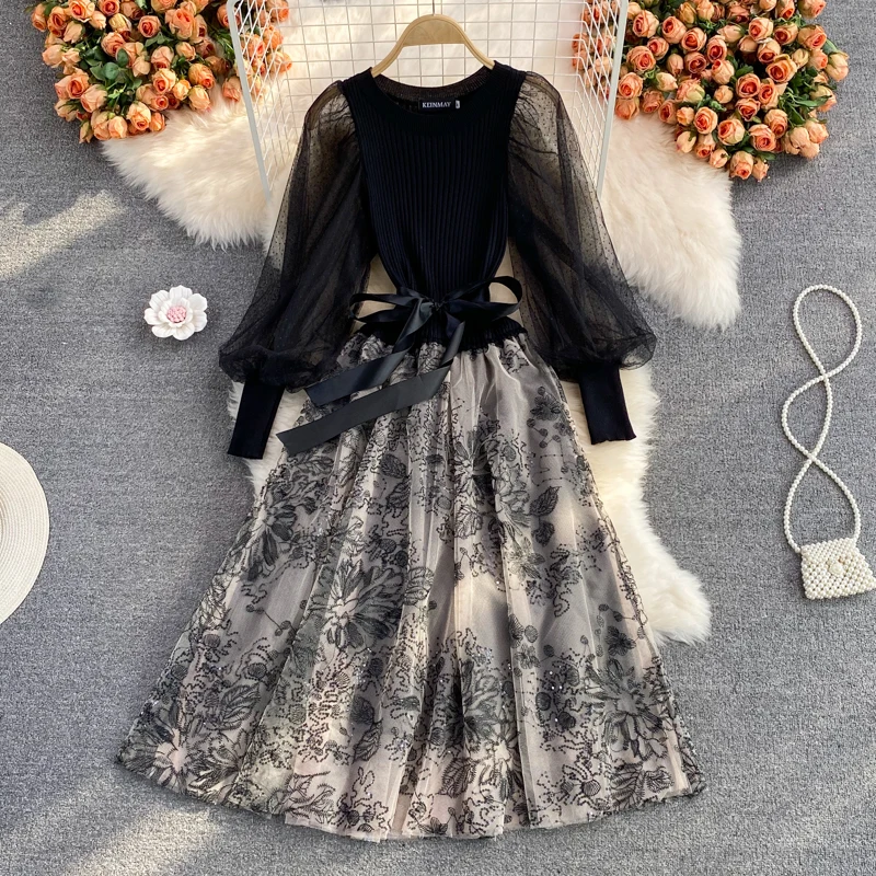 

Elegant Mesh Knitted Stitching Dress Women Vintage Puff Sleeve Round Neck A Line Party Dresses Ladies Bandage Printing Dress