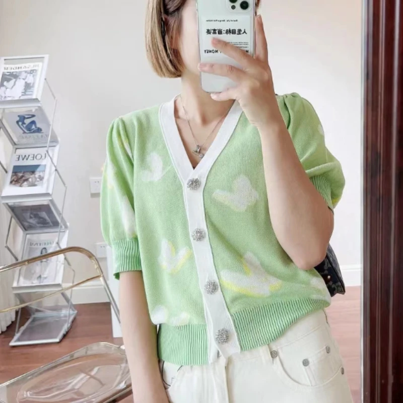 

MO** Butterfly Pattern Sweater Spring Summer Season V-neck Cardigan Light Green Slim Short Top Office Ladies Knit Sweaters