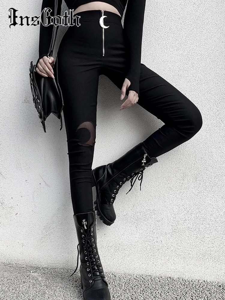 

Брюки-Карандаш InsGoth женские с завышенной талией, готические облегающие длинные брюки на молнии с вырезами, Повседневная Уличная одежда, вин...