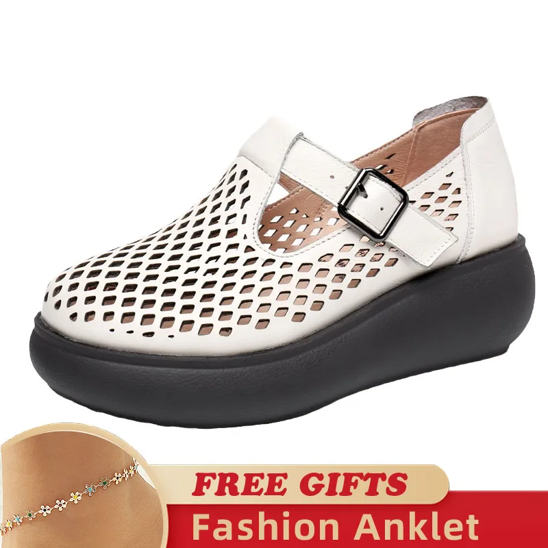 

Genuine Leather Closed Toe Sandals Women Hollow Outdoor Summer New Platform Wedges Buckles Design Leisure Handmade Ladies Shoes