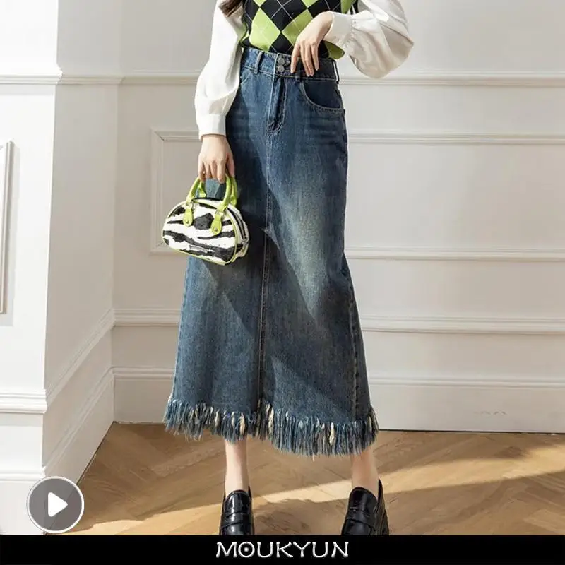 MOUKYUN Women's Denim Skirt Tassel Vintage Blue High Wasit Jeans Skirts Spring Female Straight Back Split A-Line Wrap Skirts