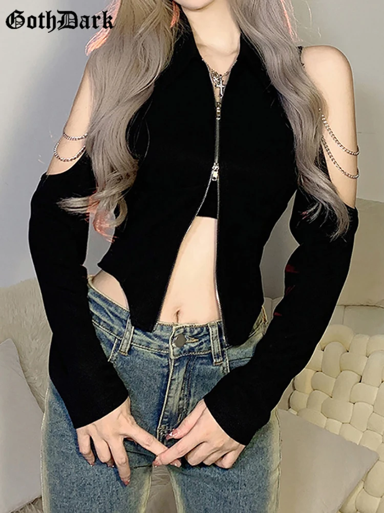 

Goth Dark Open Shoulder Gothic Grunge Chain Blouses Y2k Zip Patchwork Black Women T-shirts Sexy Long Sleeve Streetwear Crop Tops