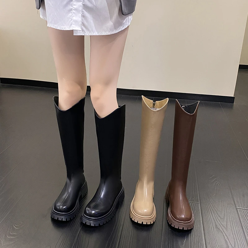 

Женские высокие ботинки 2022, зимние женские модные высокие ботинки, повседневные облегающие ботинки, современные ботинки с круглым носком, ж...