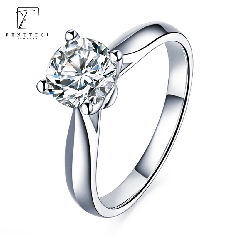 FENTTECI 925 Sterling Silver Simple 4 Prongs Moissanite Simulated Diamond Proposal Engagement 1 Carat Diamond Ring