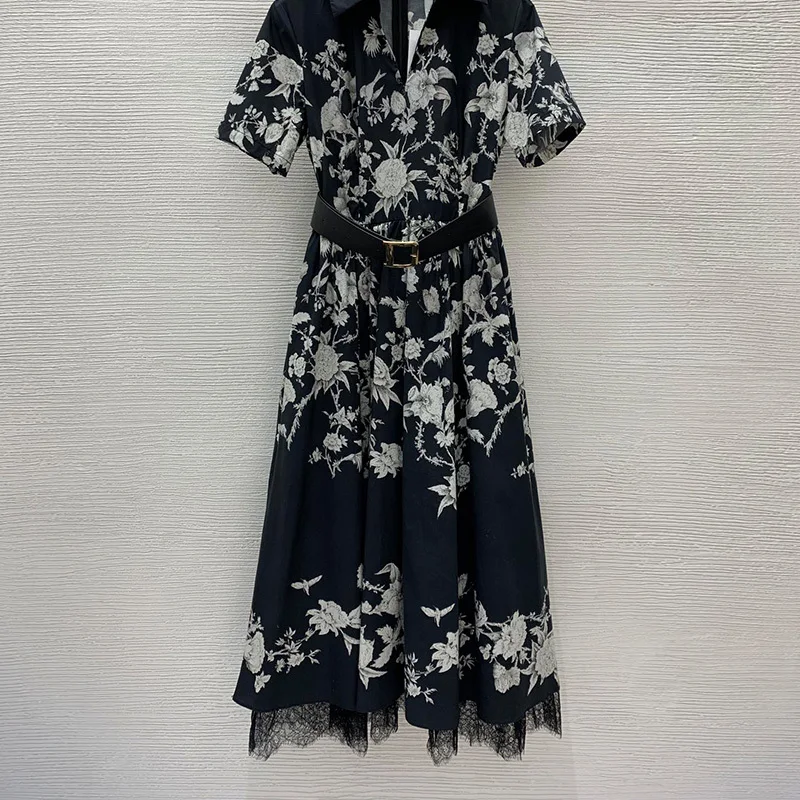 

23 Elegant Floral Printed V-neck Short Sleeve Cotton Dress Runway Women Waist Slim Casual A-line Holiday Big Swing Maxi Dresses