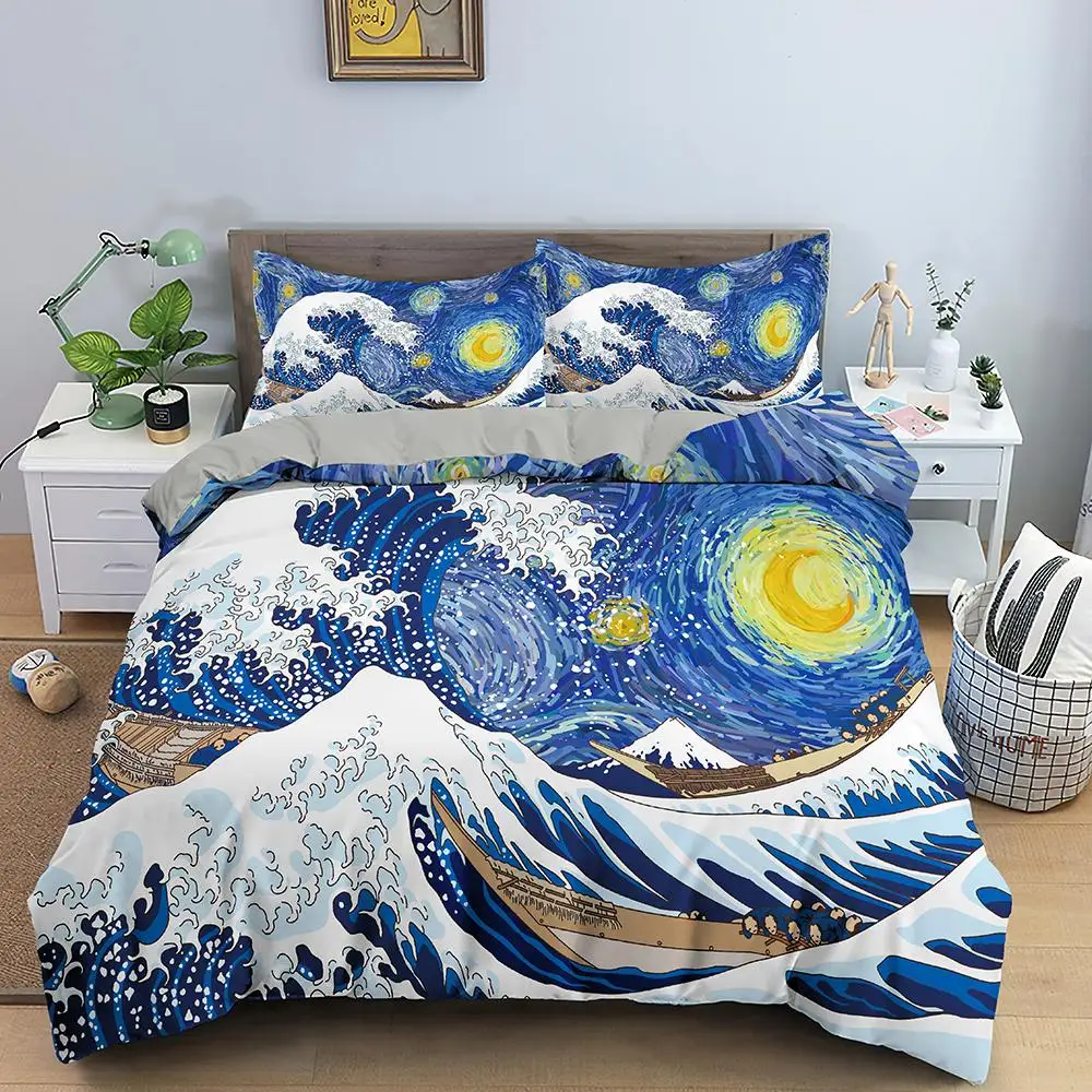 

Wave Duvet Cover Set for Kids Teens Adult King Size Abstract Blue Ocean Comforter Cover Waves Sailing Moon Polyester Bedding Set