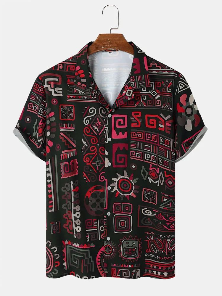 CharmkpR Fashion Men's Tribal Geometry Printing Blouse Casual Streetwear Male Lapel Collar Short Sleeve Button Shirts S-2XL 202