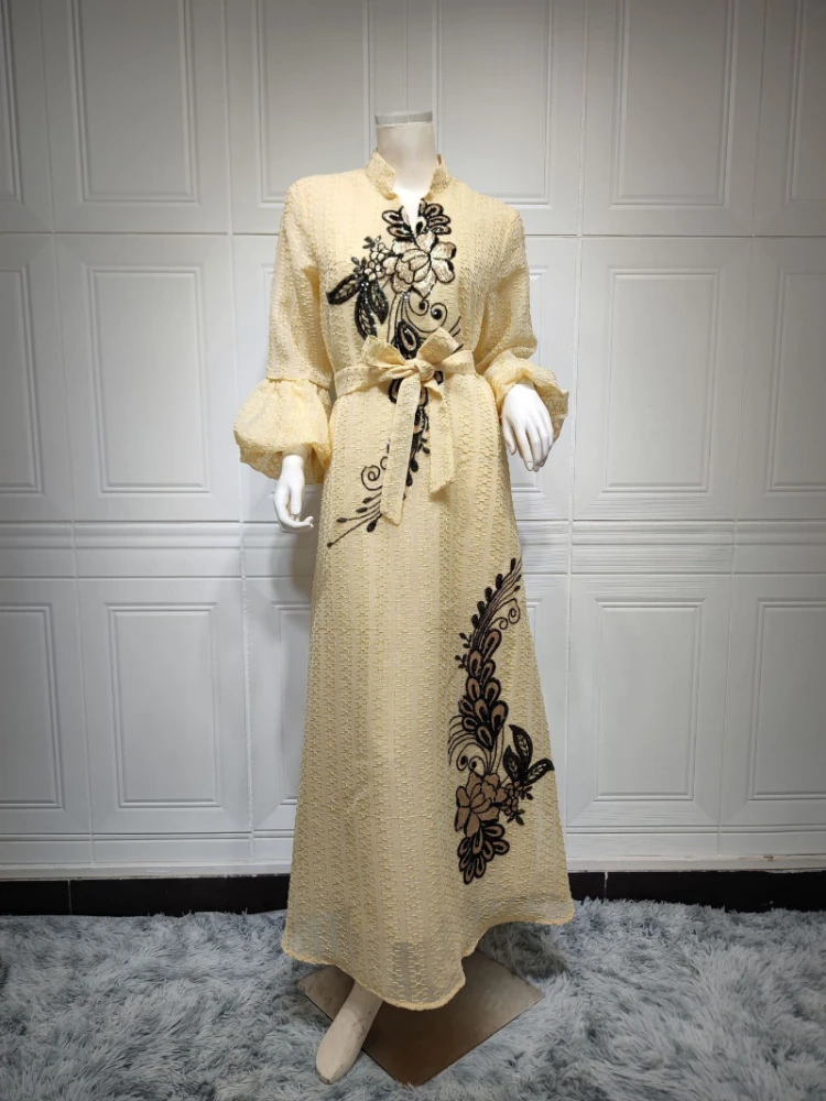 Elegant Women's Dresses for Party 2023 Fashion Muslim Mesh Sequin Embroider Evening Dress Dubai Moroccan Caftan Petal Sleeve Eid