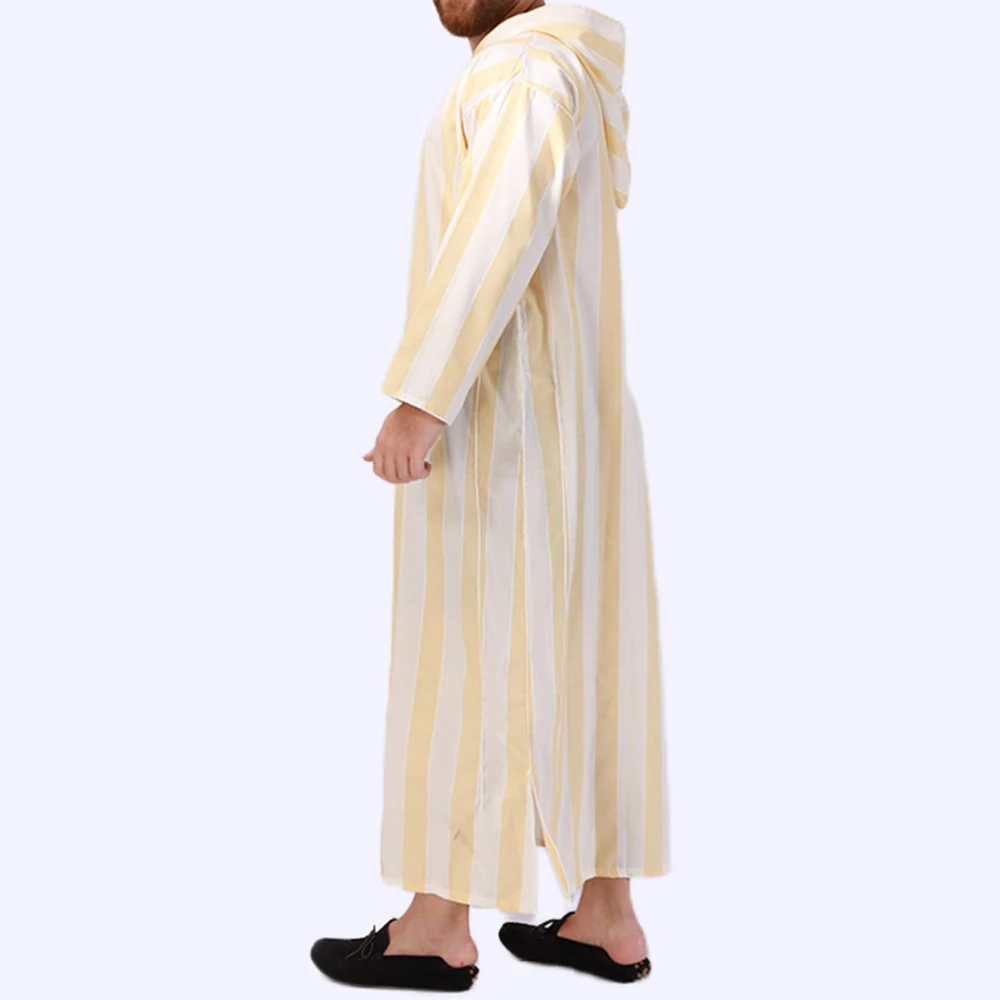 New Muslim Striped Long Hooded Nightgown Men's Middle Eastern National Dress Robe Costume Arab Islamic Long-sleeved Top Clothing