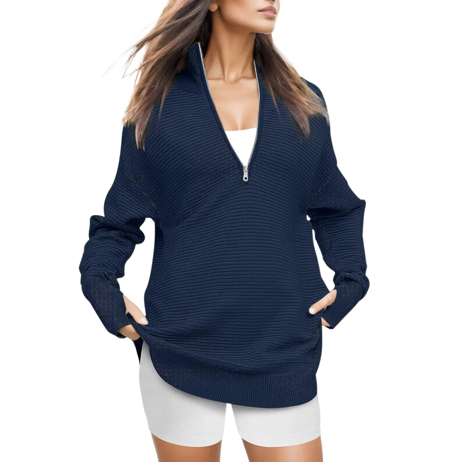 

Sweaters Women for Work Women's Comfortable Long Sleeve Half Zipper V Neck Casual Rib Knitted Sweater Women's Pullover Top