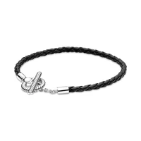 2022 new high quality 925 sterling silver moments braided leather t bar bracelet fashion personality pan gifts fit lovers