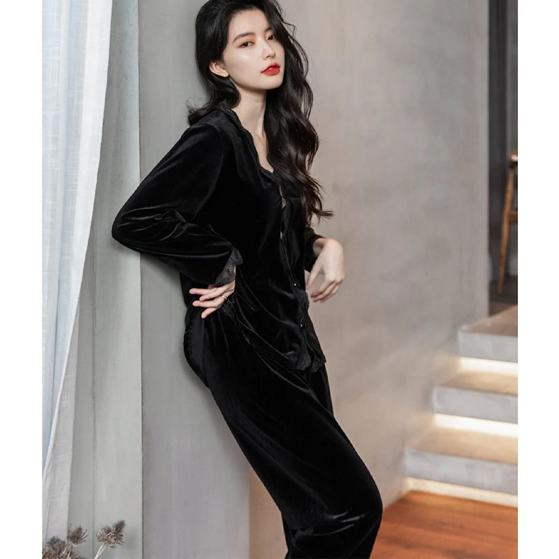 2pcs Women's Pajamas Sets Woman Sleepwear Gold Velvet V Neck Design Suit Long Sleeve Trousers Set Home Clothes Sexy Pijamas