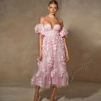 caroline pink sweetheart evening dress off the shoulder flowers appliques a line tea length tulle prom gowns party custom made