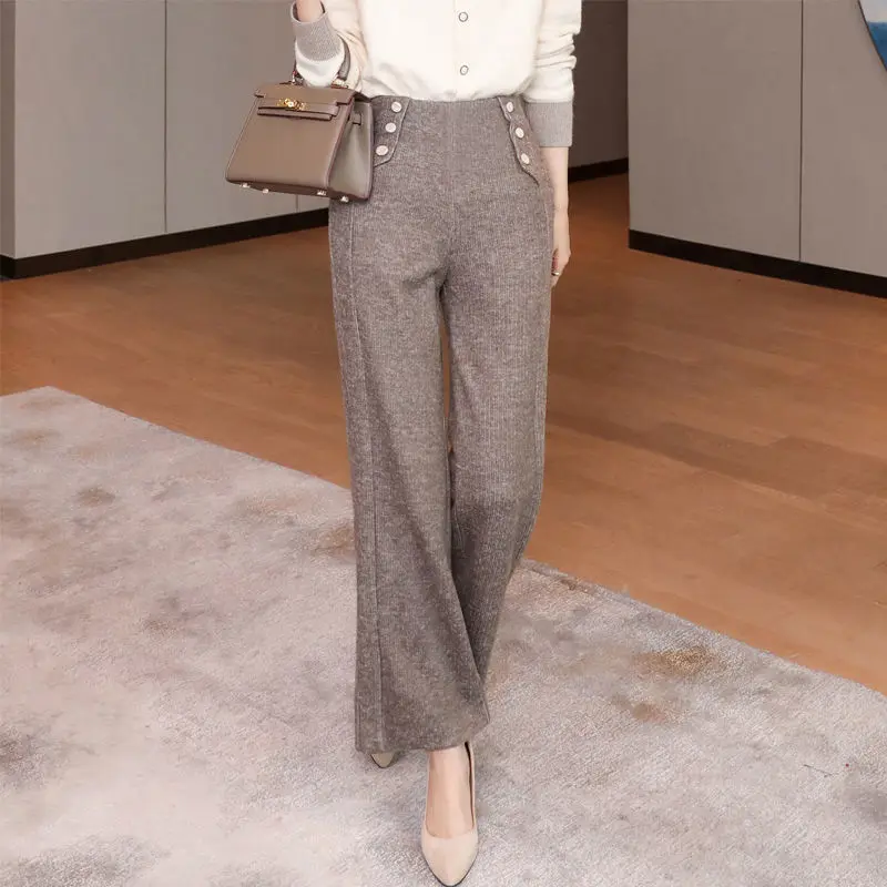 

Женские шерстяные брюки с высокой талией, однотонные повседневные свободные брюки с широкими штанинами, модель F72 в Корейском стиле на осен...