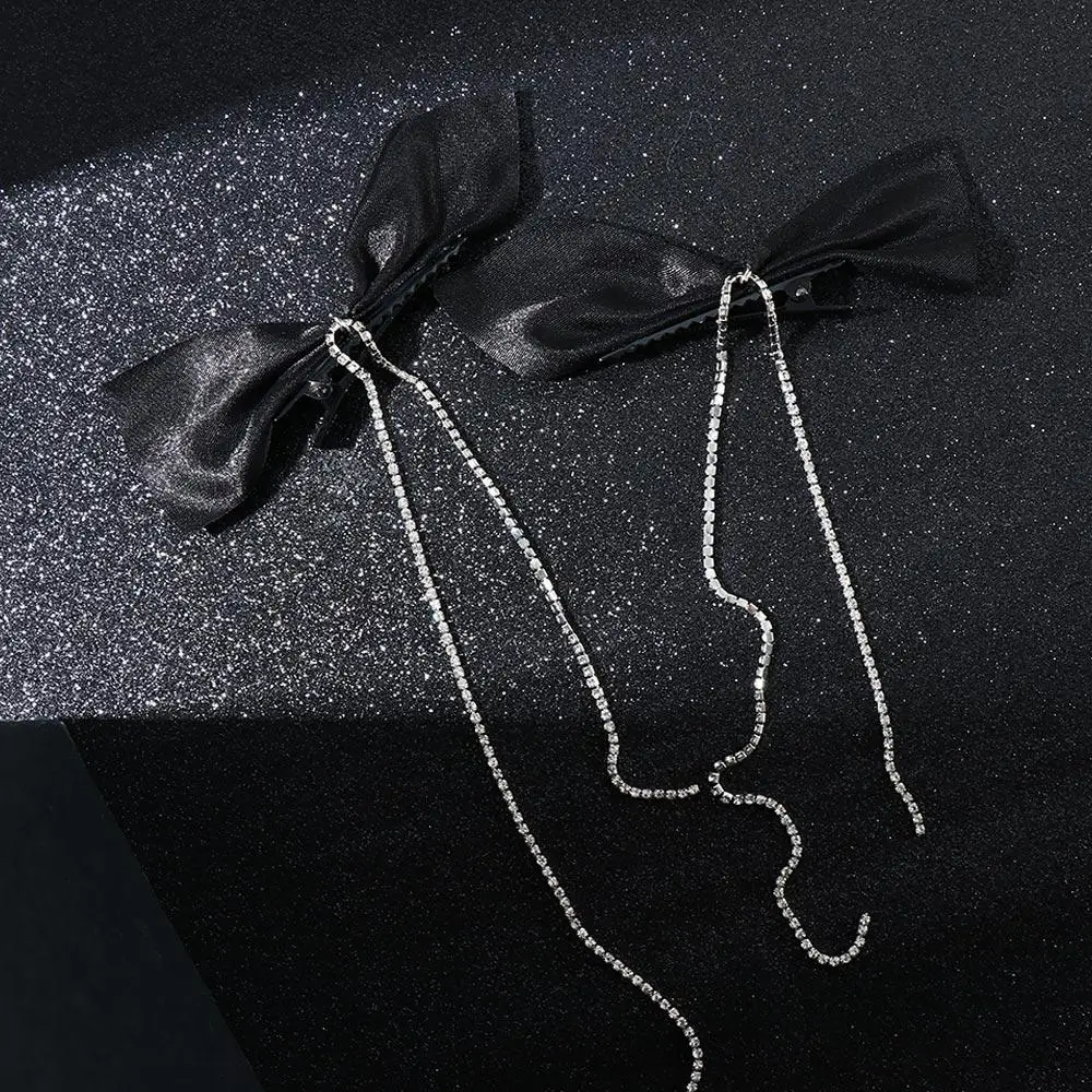 

Elegant Bowknot Tassel Rhinestone Chain Black Bow Rhinestone Tassel Hair Clips Bangs Clip Bow Hair Clips Korean Style Hairpins