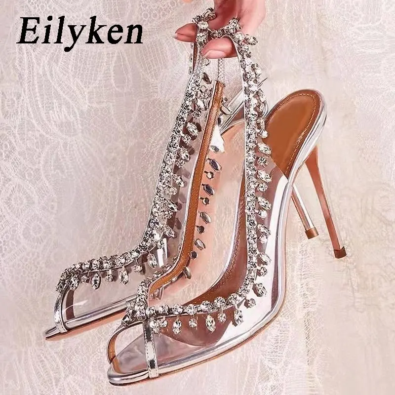 

Eilyken/прозрачные стразы женские туфли-лодочки из пвх; Открытые туфли с острым носком и ремешком на пятке; Туфли на высоком тонком каблуке