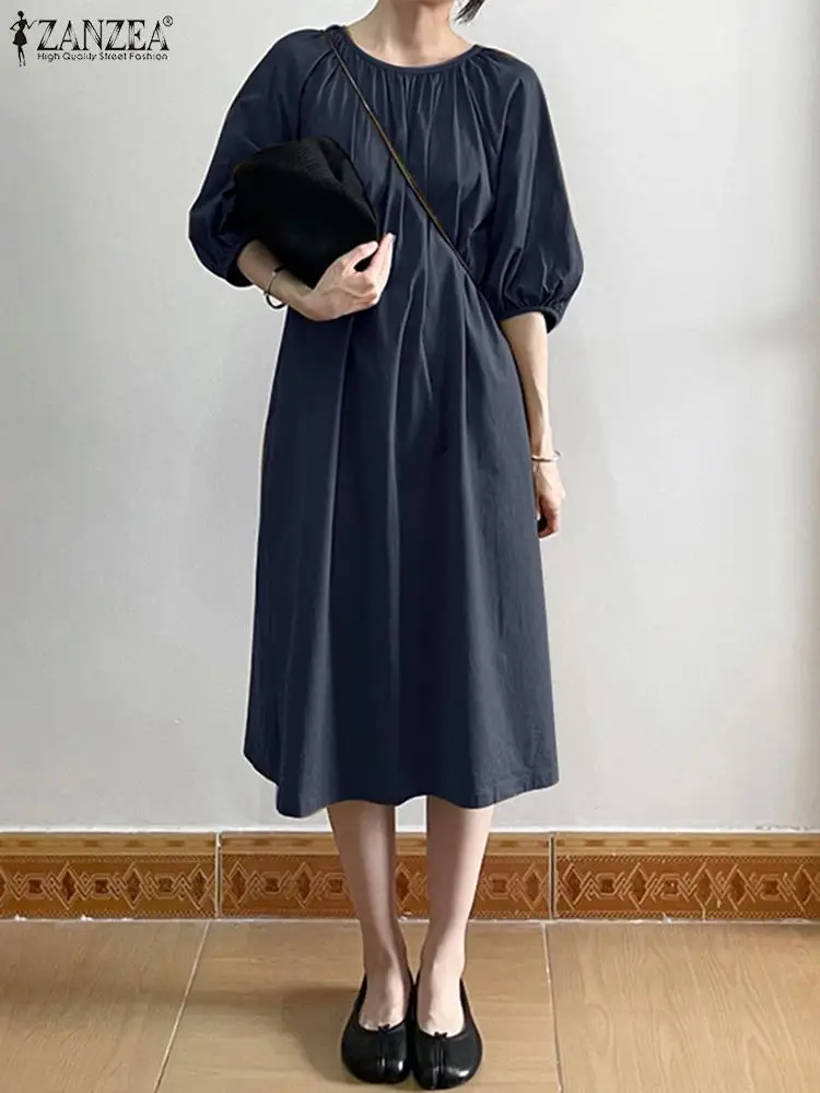 

Платье ZANZEA женское средней длины, винтажное однотонное элегантное Плиссированное праздничное свободное вечернее с коротким рукавом, больш...