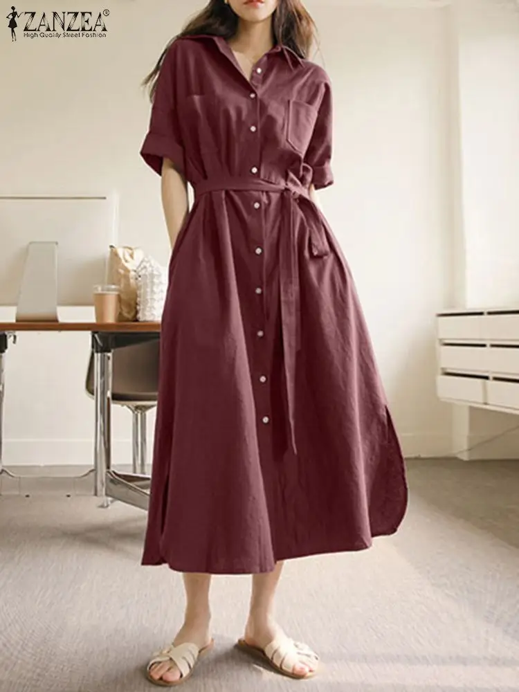 

Oversized Women Summer Sundress ZANZEA 2022 Elegant Solid Shirt Dress Short Sleeve Midi Vestidos Belted Female Lapel Robe Femme