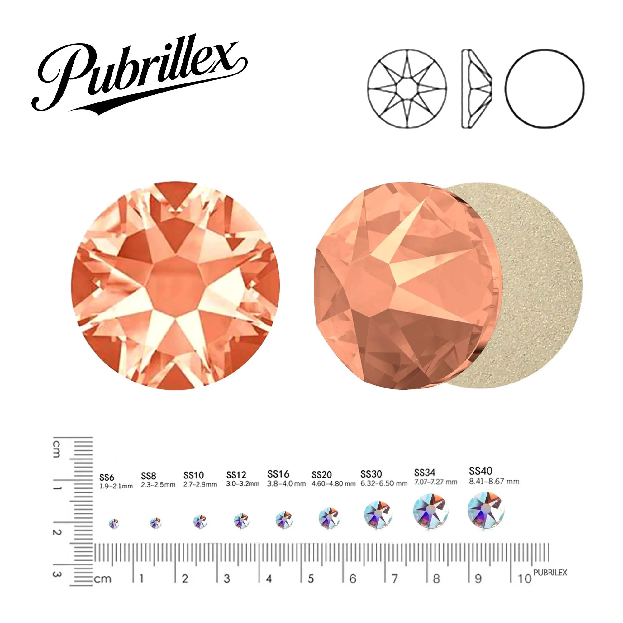 Фото Стразы стеклянные PUBRILEX Light Peach Xirius, 16 граней, без термофиксации, с плоским дном, для дизайна ногтей и декора одежды №2