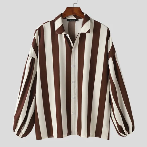 Рубашка INCERUN мужская с вертикальными полосками, топ с епископским рукавом, удобная блузка с длинным рукавом для отдыха, новинка 2024