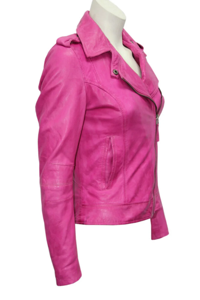 Women Lambskin Soft Leather jacket Ladies Biker coat  Pink