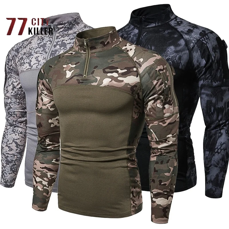 

Mens Camouflage Tactical Military Clothing Combat Shirt Assault Long Sleeve Slim Fit Cotton TShirt outdoor overalls Army Costume