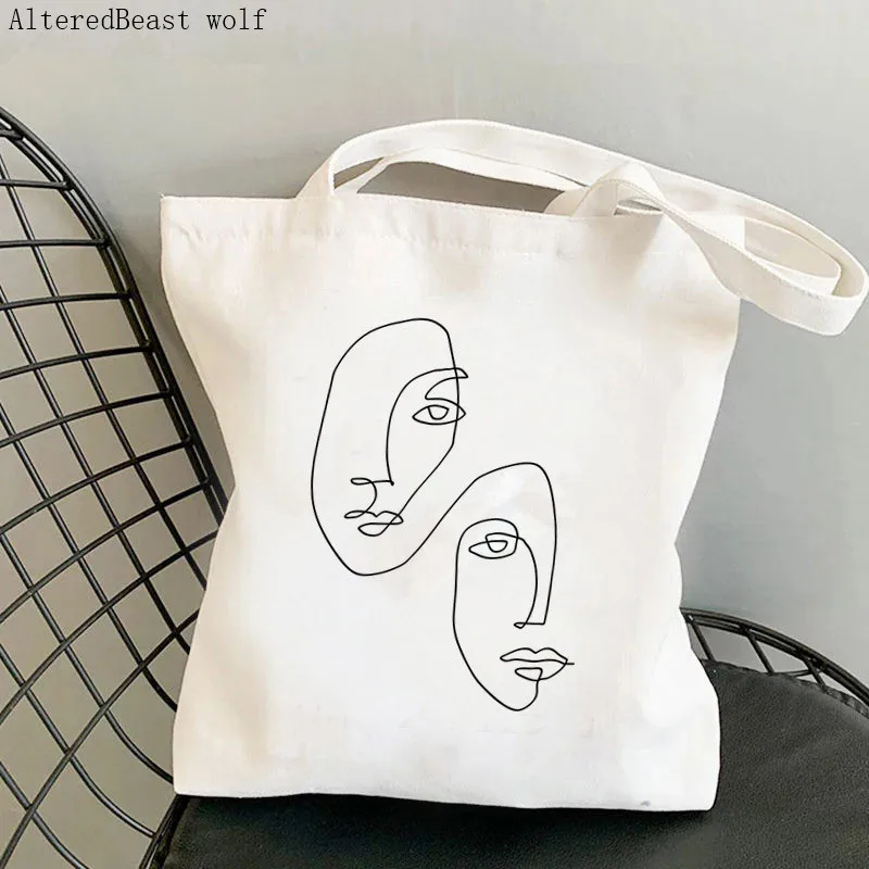 

Women Shopper bag Faces Line Art Printed Kawaii Bag Harajuku Shopping Canvas Shopper Bag girl handbag Tote Shoulder Lady Bag