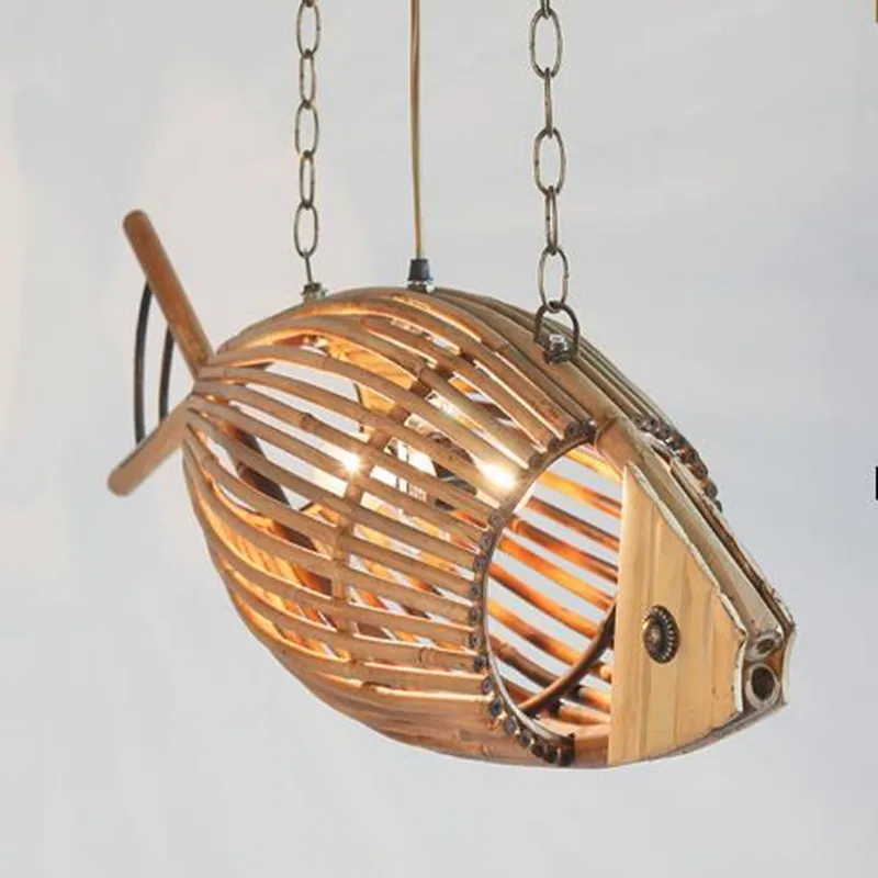

Japanese Style Fish Bamboo Chandelier LED Light Bedroom Creative Mermaid Wooden for Home Decor Hot-pot Restaurant Pendant Lamps