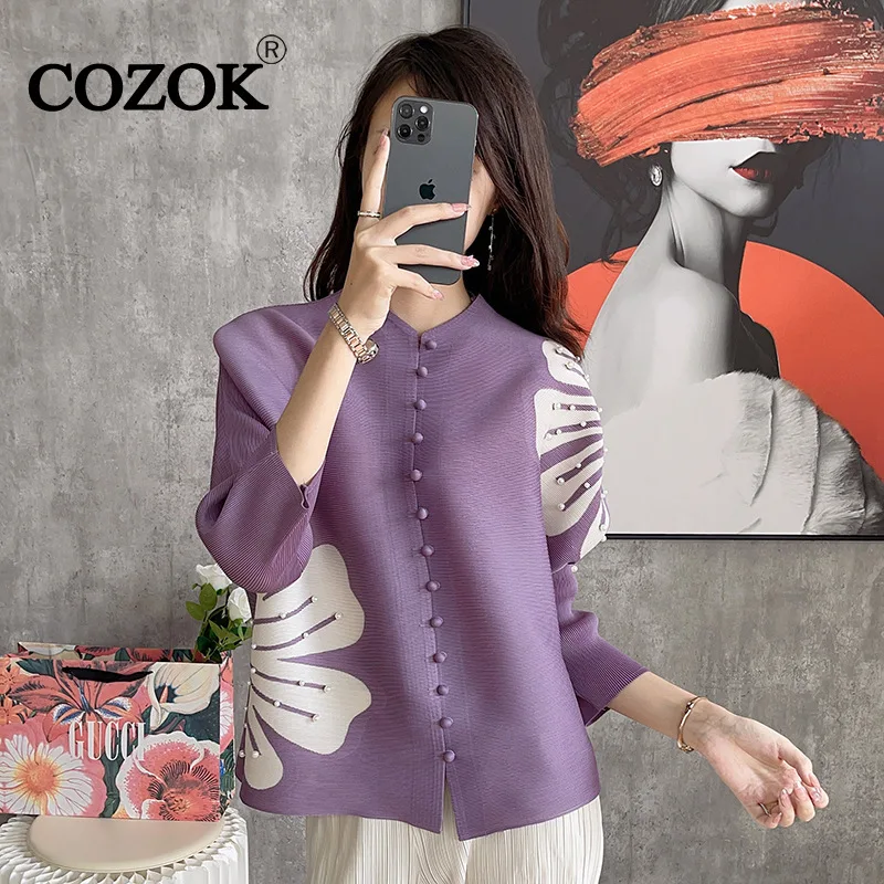 

COZOK Printed Beading Decorate Pleated Single Breasted Top 2024 Spring New Fashion Women's Slim Petal Sleeve T-Shirt WT760