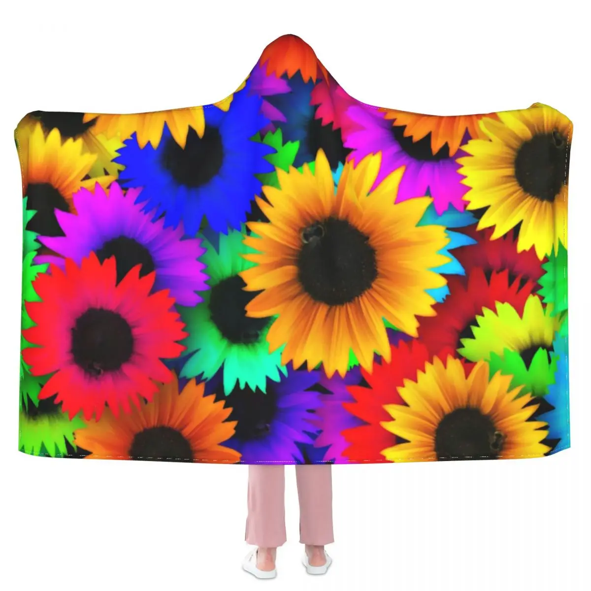 

Colorful Sunflower Blanket Cheerful Flowers Print Fashion Cool Hooded Bedspread Fleece Travel Super Soft Blanket