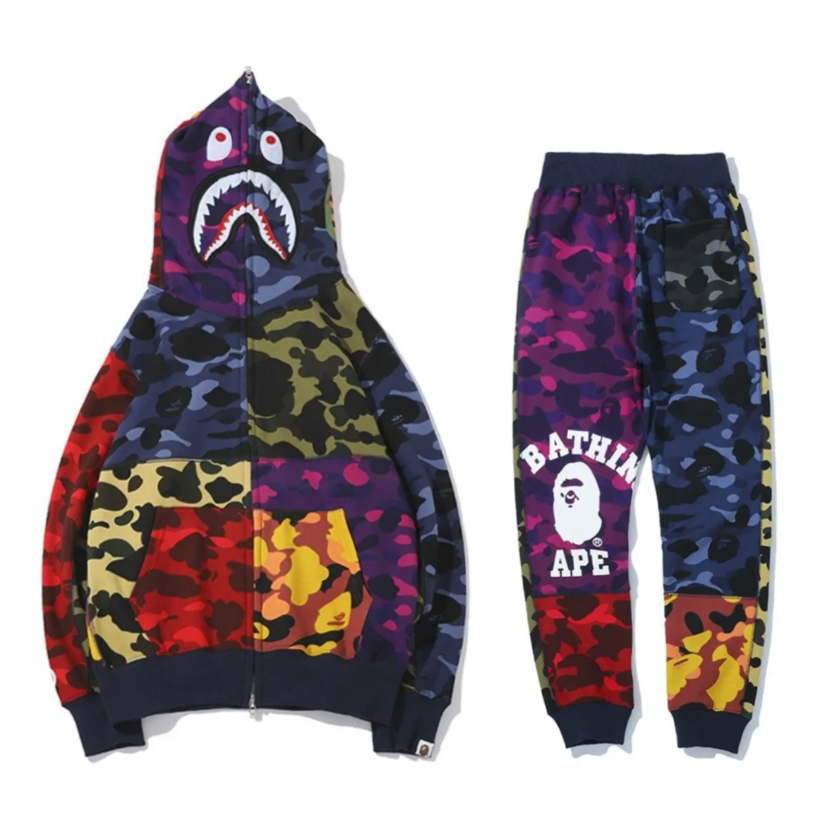 

3D Bape Shark Head Hoodie Jacket Pants for Men Women Teen Hip Hop Coat Zipper Classic Camouflage Hoody Sweatshirt Full Set