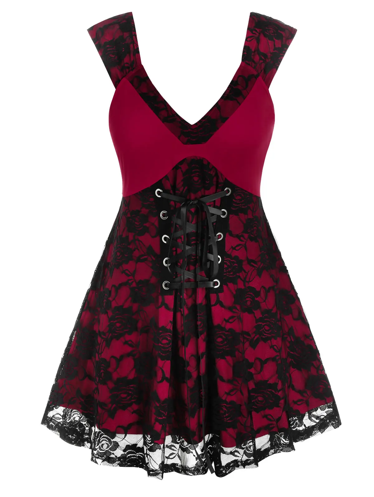 

Sleeveless Bondage Lace-up Lace Gothic Plunge Skull Lace Tee Panel Plunge Tunic Tank Tops tops for women