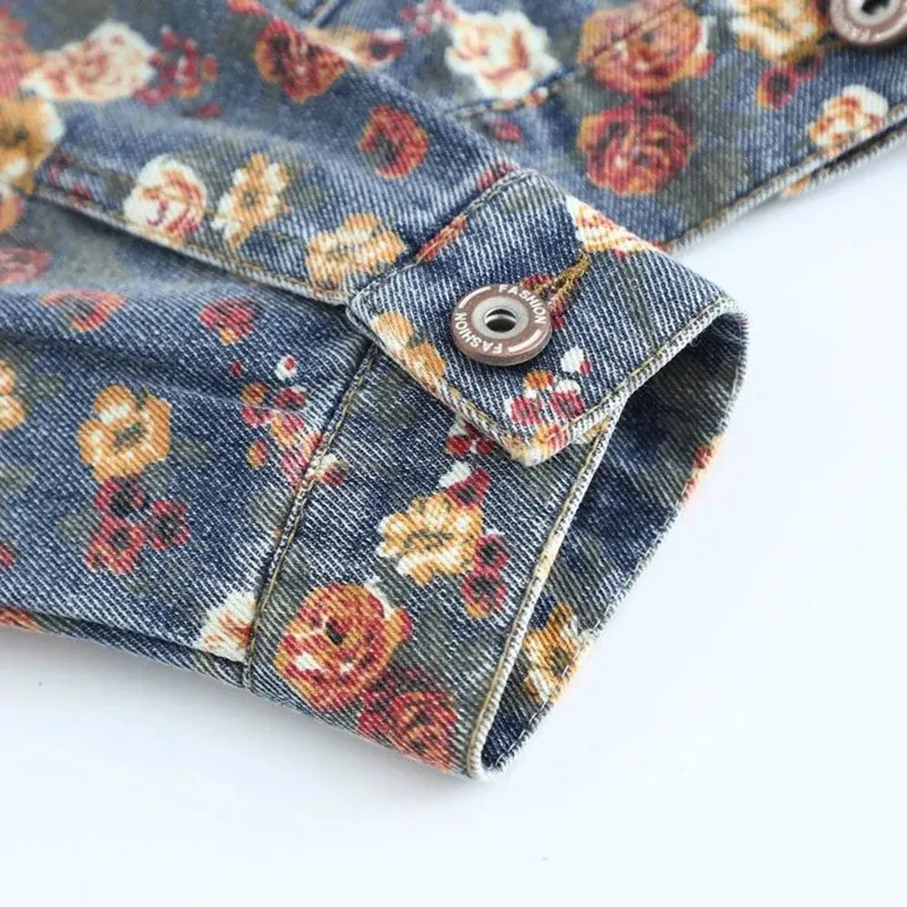 Женская джинсовая куртка с высокой талией короткая цветочным принтом верхняя