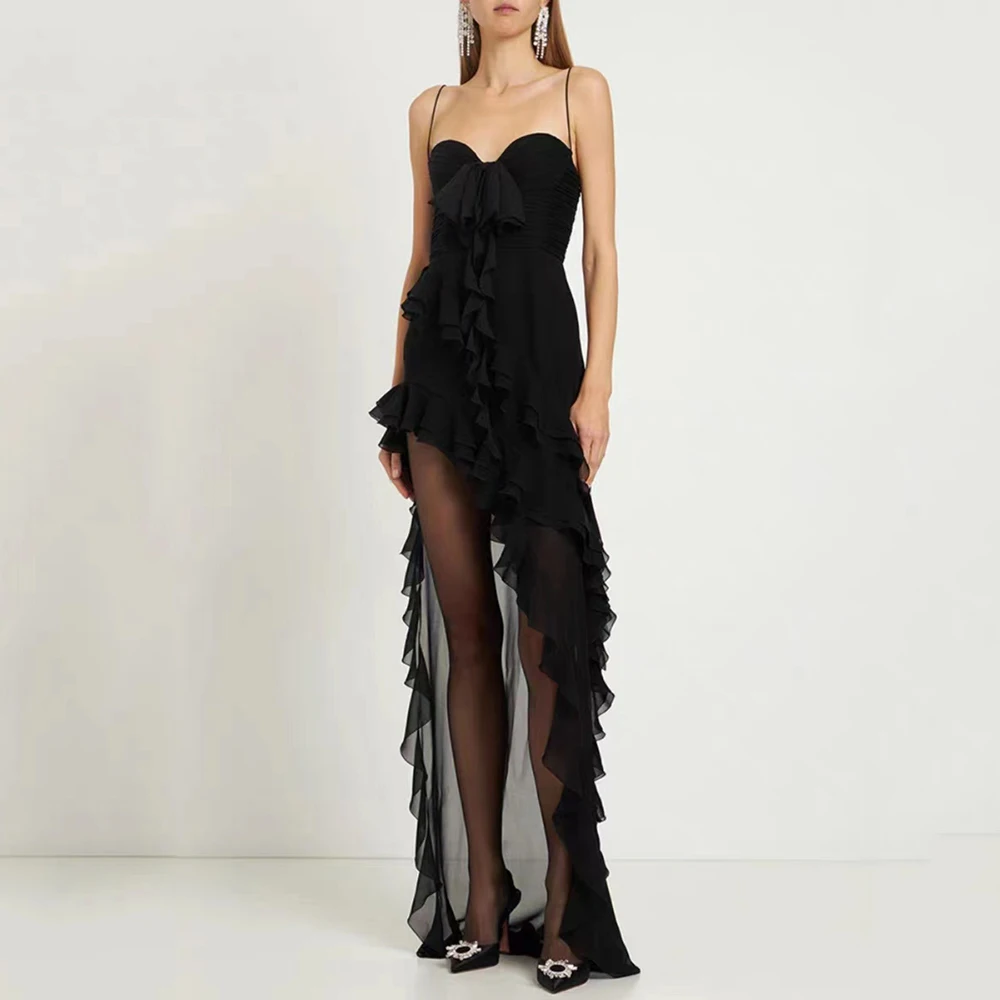 

Черные женские банкетные платья с рюшами, сексуальные элегантные длинные женские платья с асимметричным разрезом и лямкой на шее, новинка зимы 2023