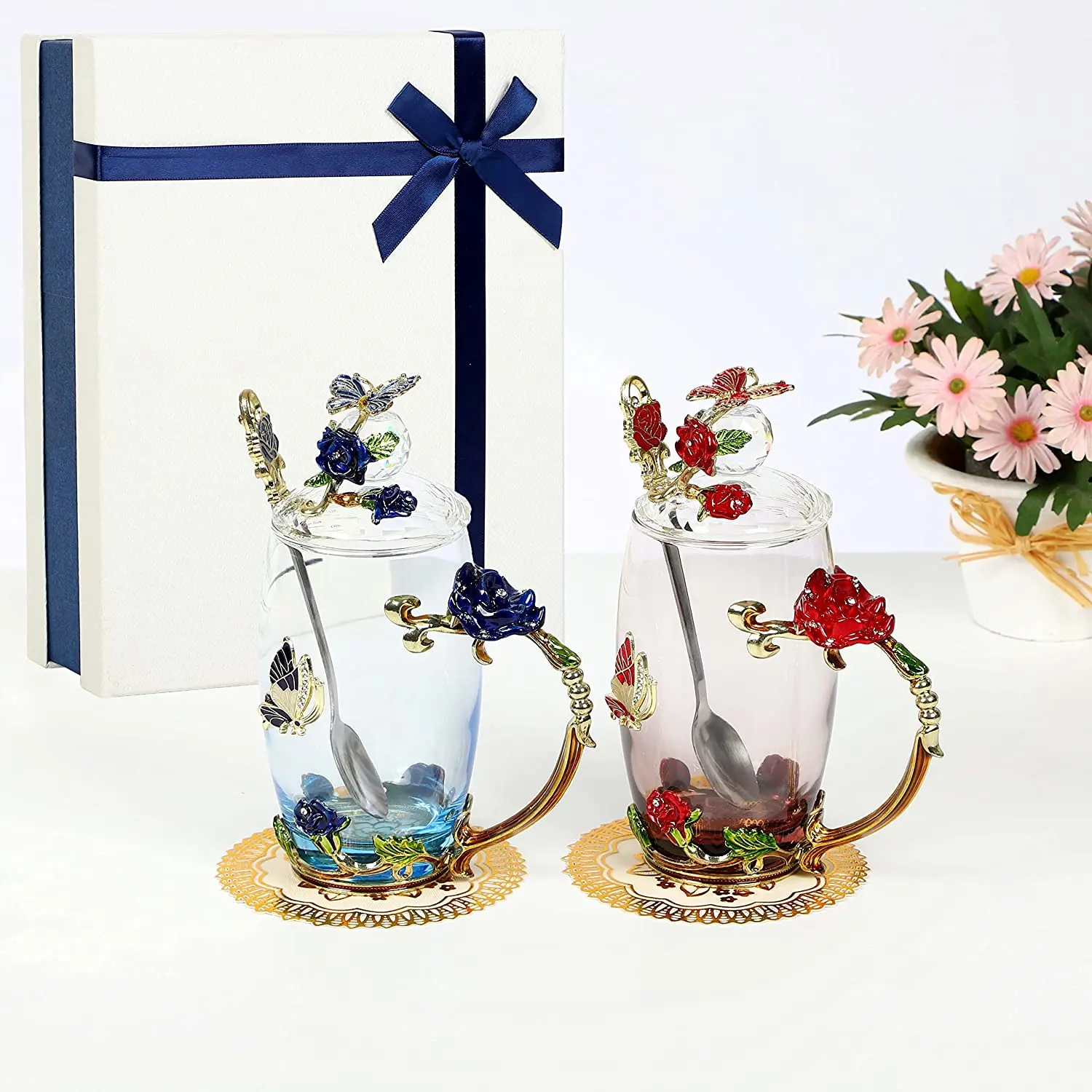 Tazze da tè fantasia tazza da tè in vetro smalto tazza da caffè con coperchio manico cucchiai confezione regalo da donna con fiore di farfalla
