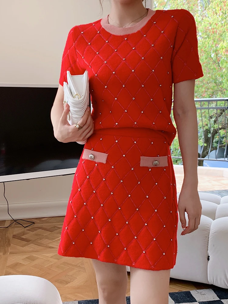 

2022 Spring New Design Women Red Argle Pocket Front High Waist Knitted Skirt France Vintage Mini France Paris Free Shipping
