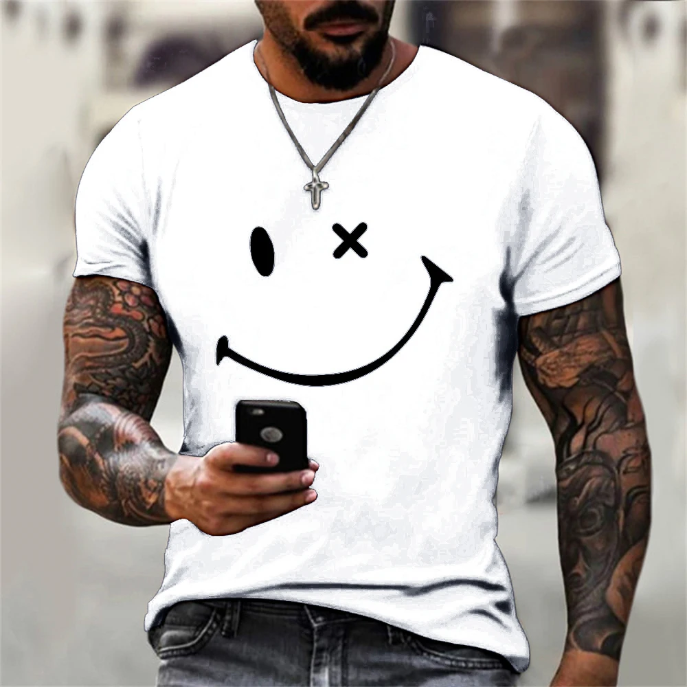 

New Trendy Fashion Solid Color Men and Women Models Large Size T-shirt Tops With Simple Color Fun Smiley Face Print Short-Sleeve