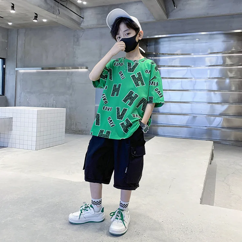 

Fashion Boys Clothing Sets Letter Print T Shirts & Shorts Two Piece Korean Cool Casual Outfits Teen Kids Tracksuit 4-14 Years