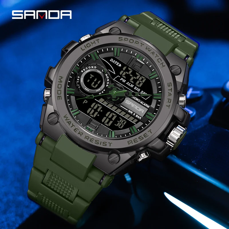 

Fashion Men SANDA Top Brand Luxury Men LED Digital Watch Dual Display Chronograph Alarm Luminous Sports Business Quartz Watches