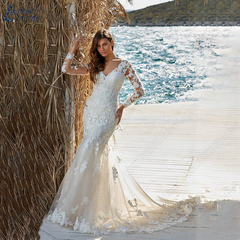 

Кружевное свадебное платье-Русалка с длинными рукавами и аппликацией