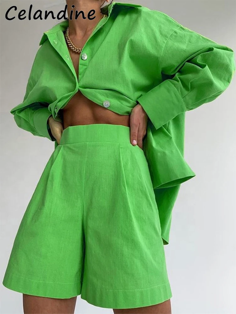 

Celandine Women Long Sleeve Shirt Shorts Tracksuit Green Spring Summer Two Piece Set Women Outfits Casual Y2K Pink Loungewear