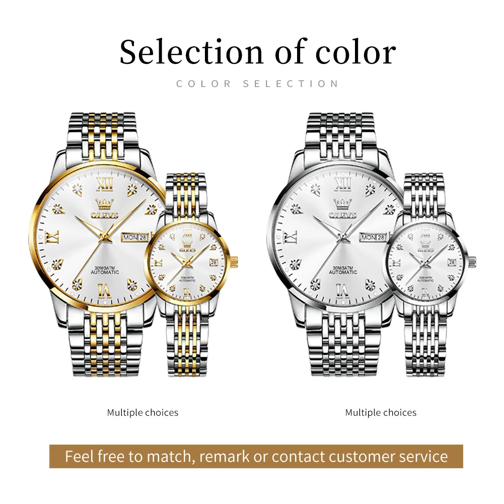 OLEVS 2023 Luxury Automatic Watches Couple Pair Men and Women Mechanical Wristwatch Waterproof Luminous Hands Clock Lover Gift
