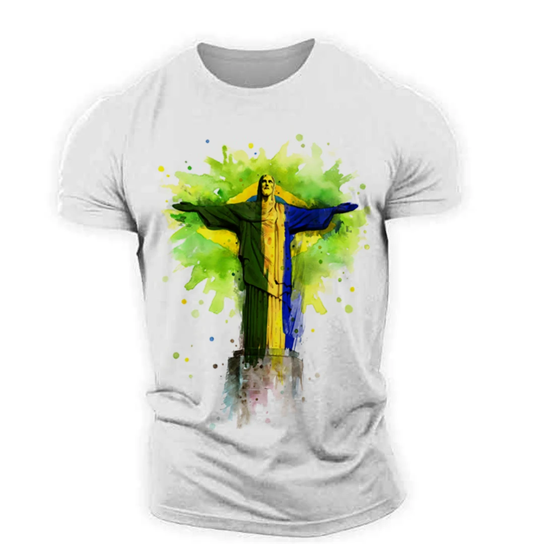 Brazilian Jesus Statue Graphic 3D Printed T-Shirt Unisex Polyester T-Shirt 110-6XL  Stretch Breathable Sports Fabric T-Shirt